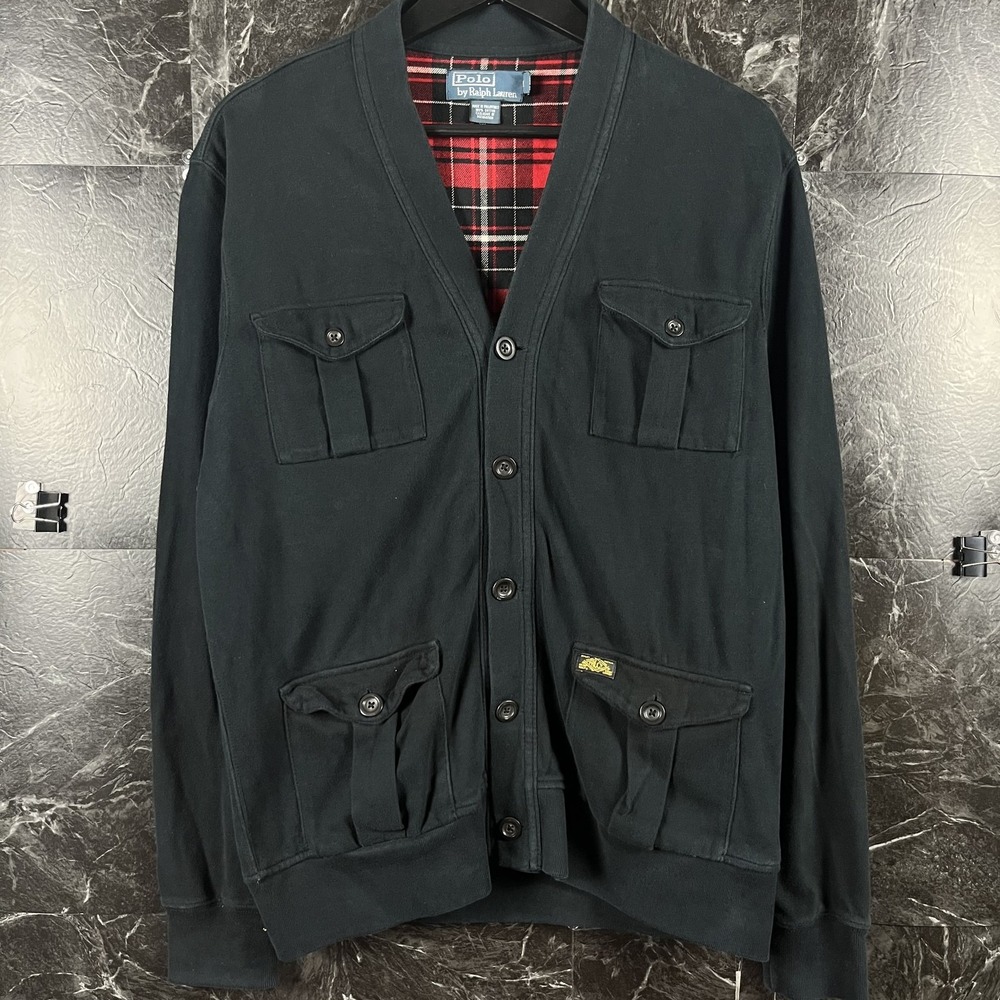 Polo Ralph Lauren Men's Black Vtg Plaid Elbow Patch Cardigan Medium